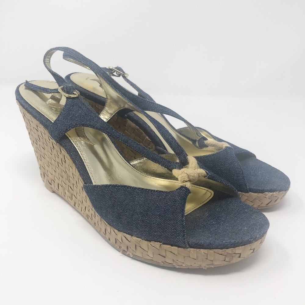 Nina Denim Strap Wedge Sandals Size 8